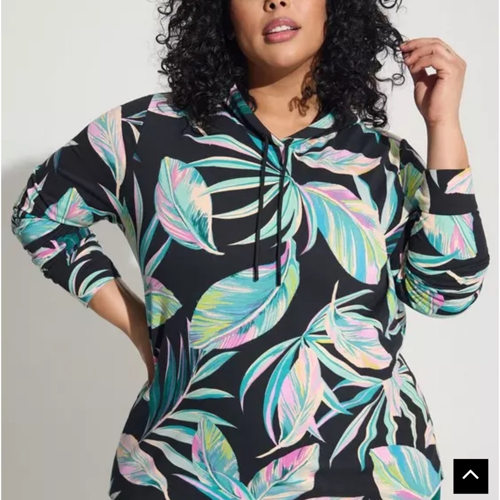 torrid Black Hoodie with Pastel Teal Mint Pink and Yellow Leaf Print